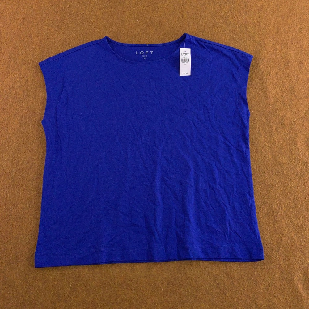 Loft Women Medium Blue Cotton Modal Knit Crew Neck Short Sleeve Top NWT *Flaw